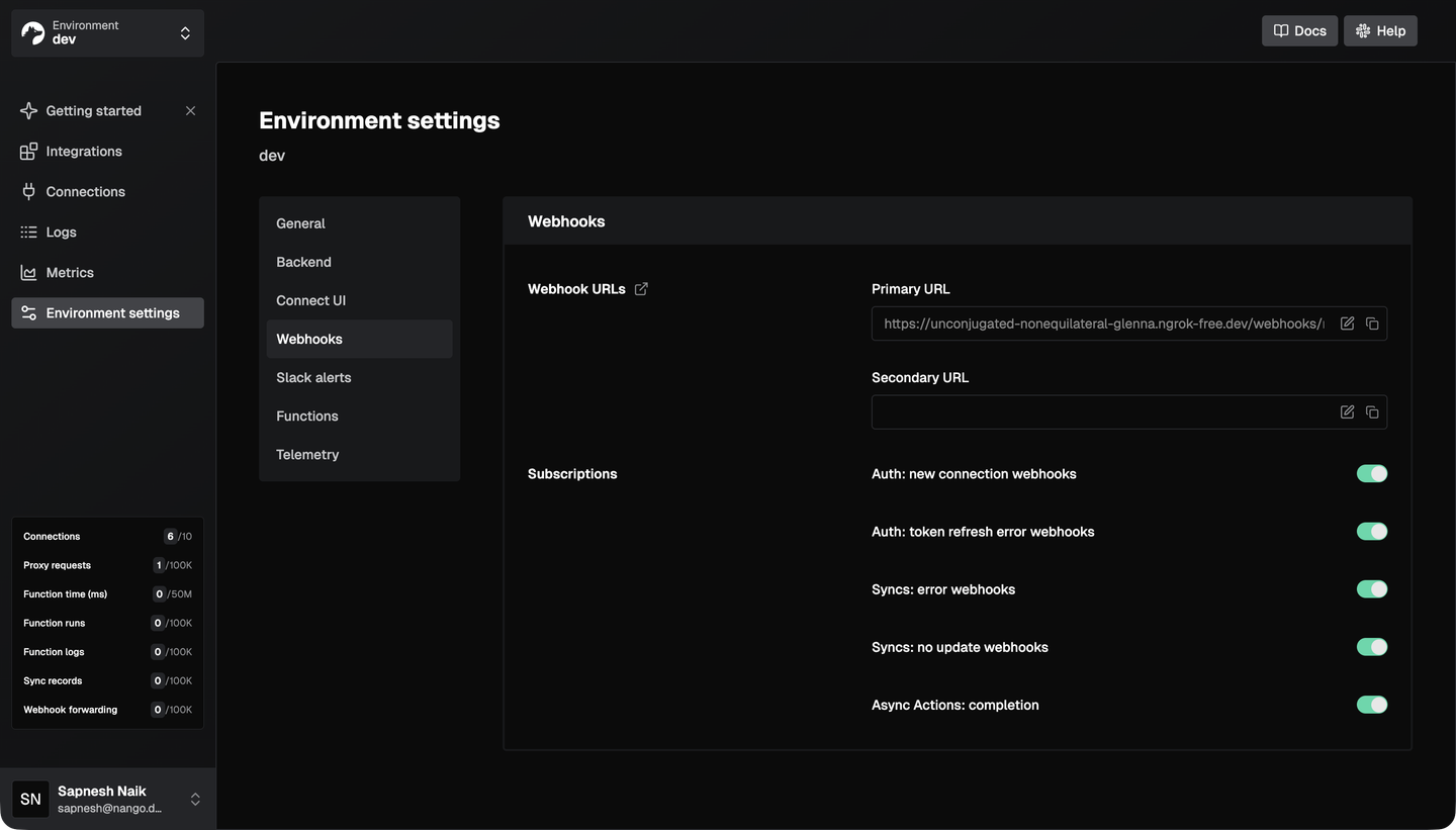 set webhook url nango