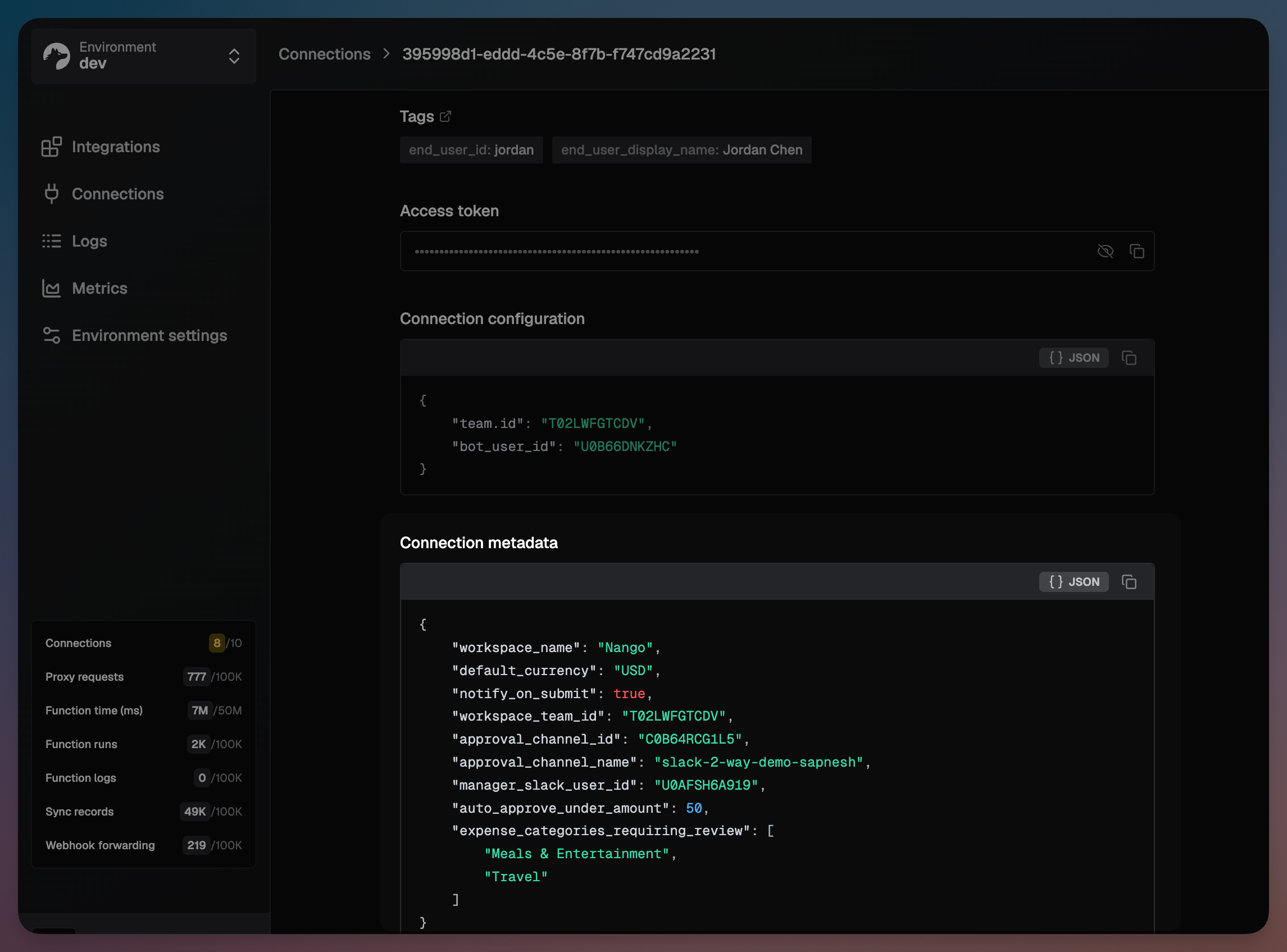 nango connection metadata dashboard