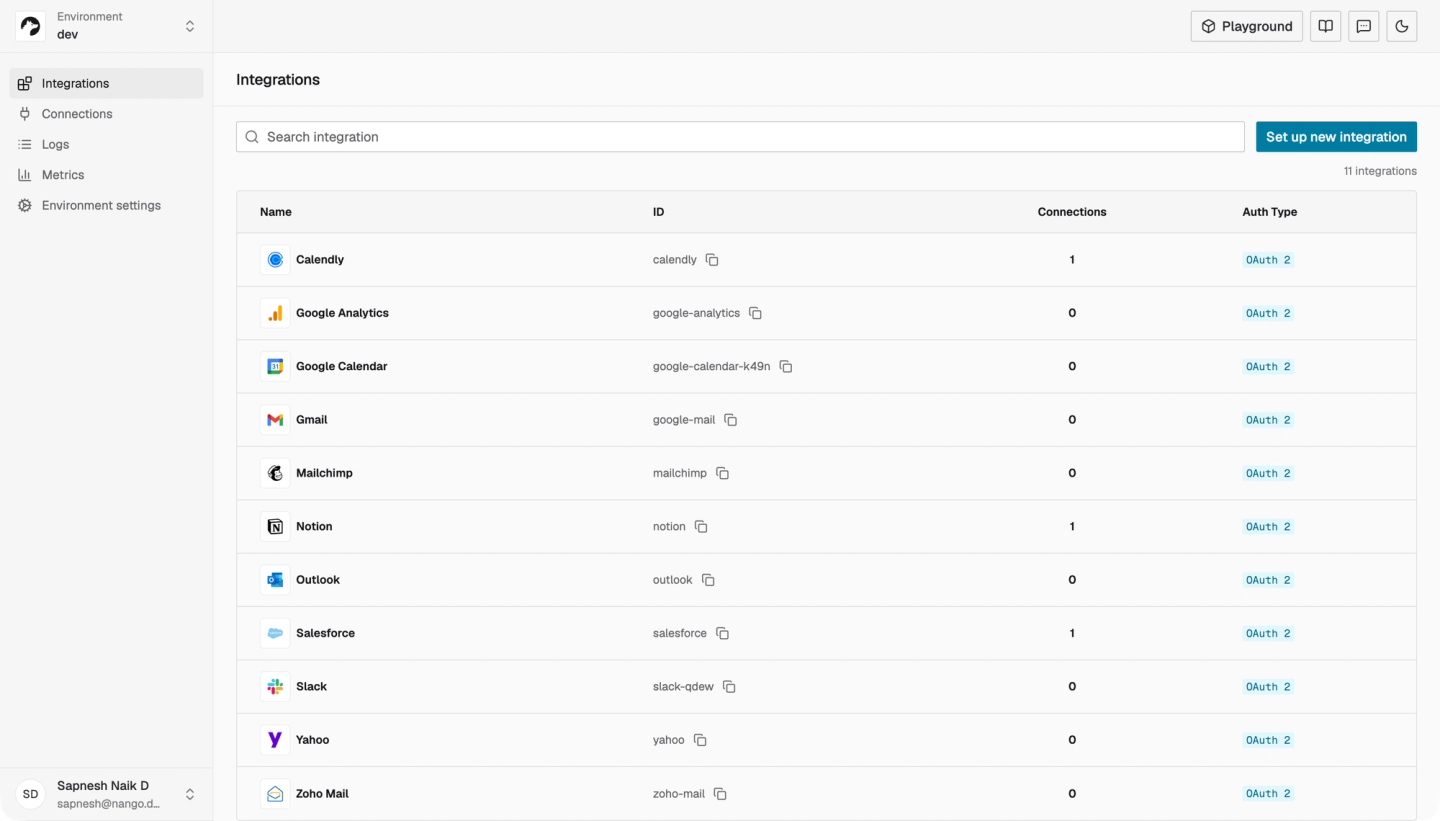 nango dashboard email integrations