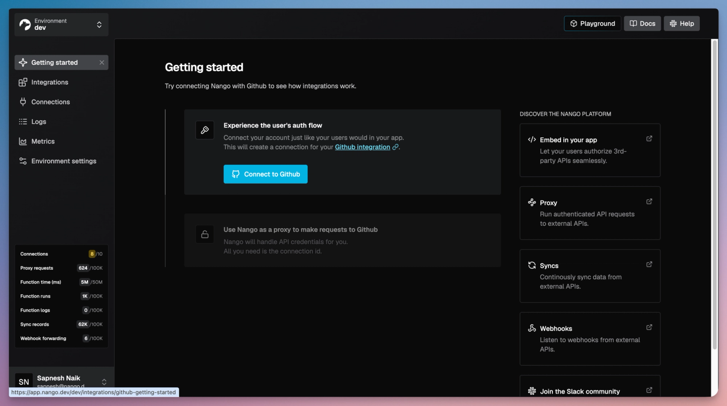 nango dashboard getting started