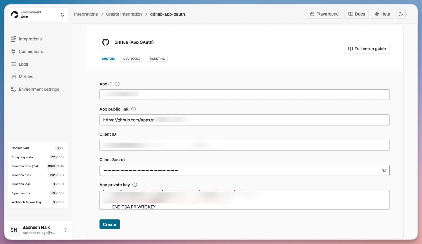 nango github app oauth integration setup