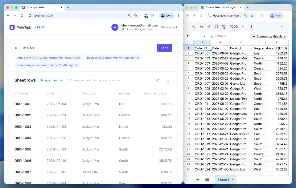 yourapp ai agent google sheets demo