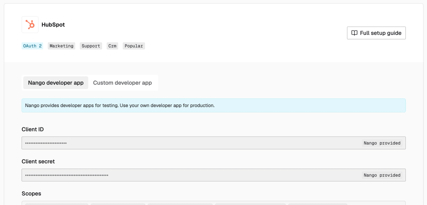 nango hubspot oauth developer app