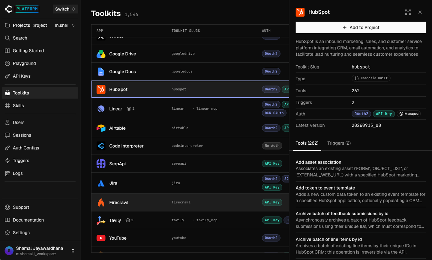 composio toolkits including hubspot