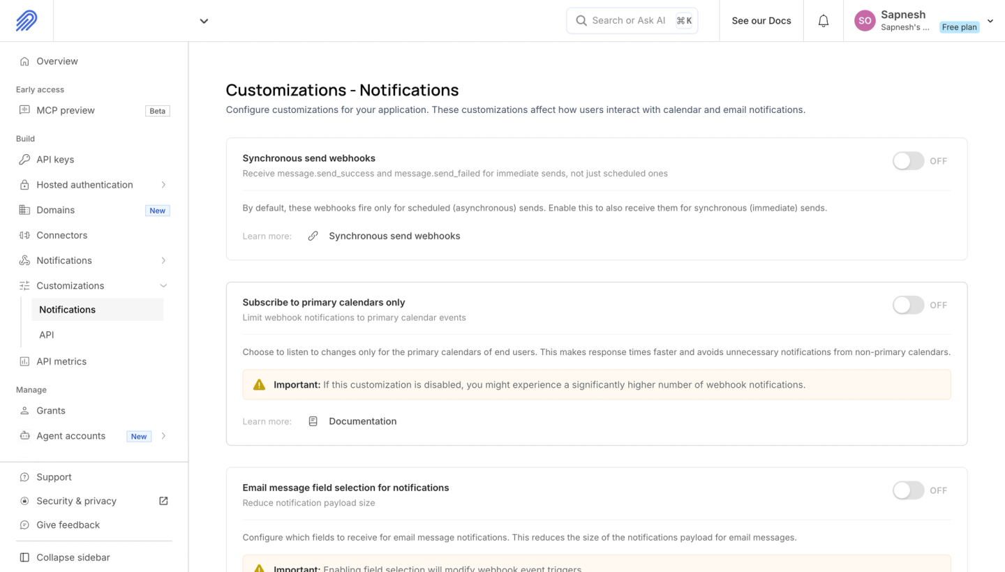 nylas email notification settings