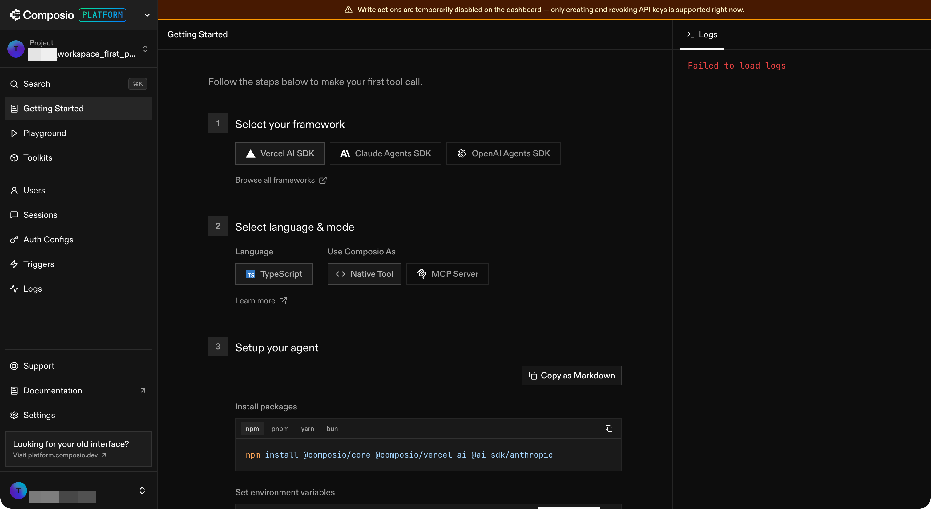 composio platform dashboard getting started