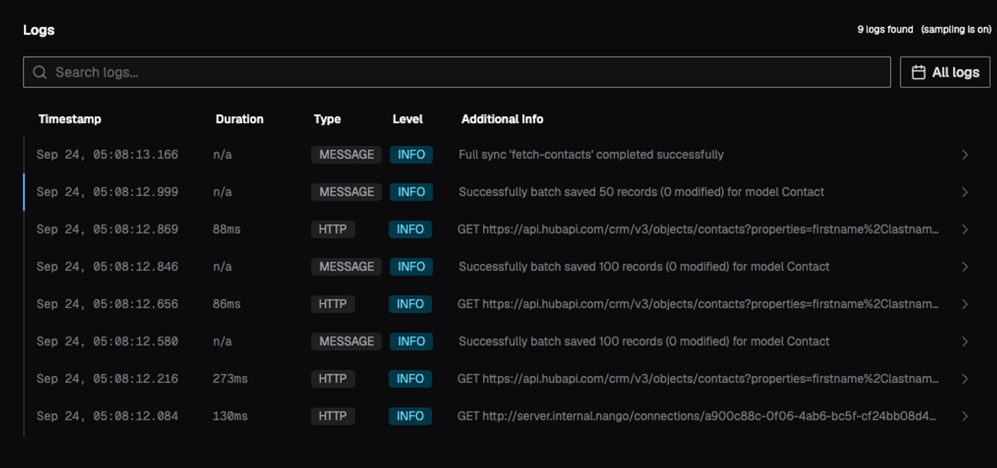 nango hubspot sync operation log