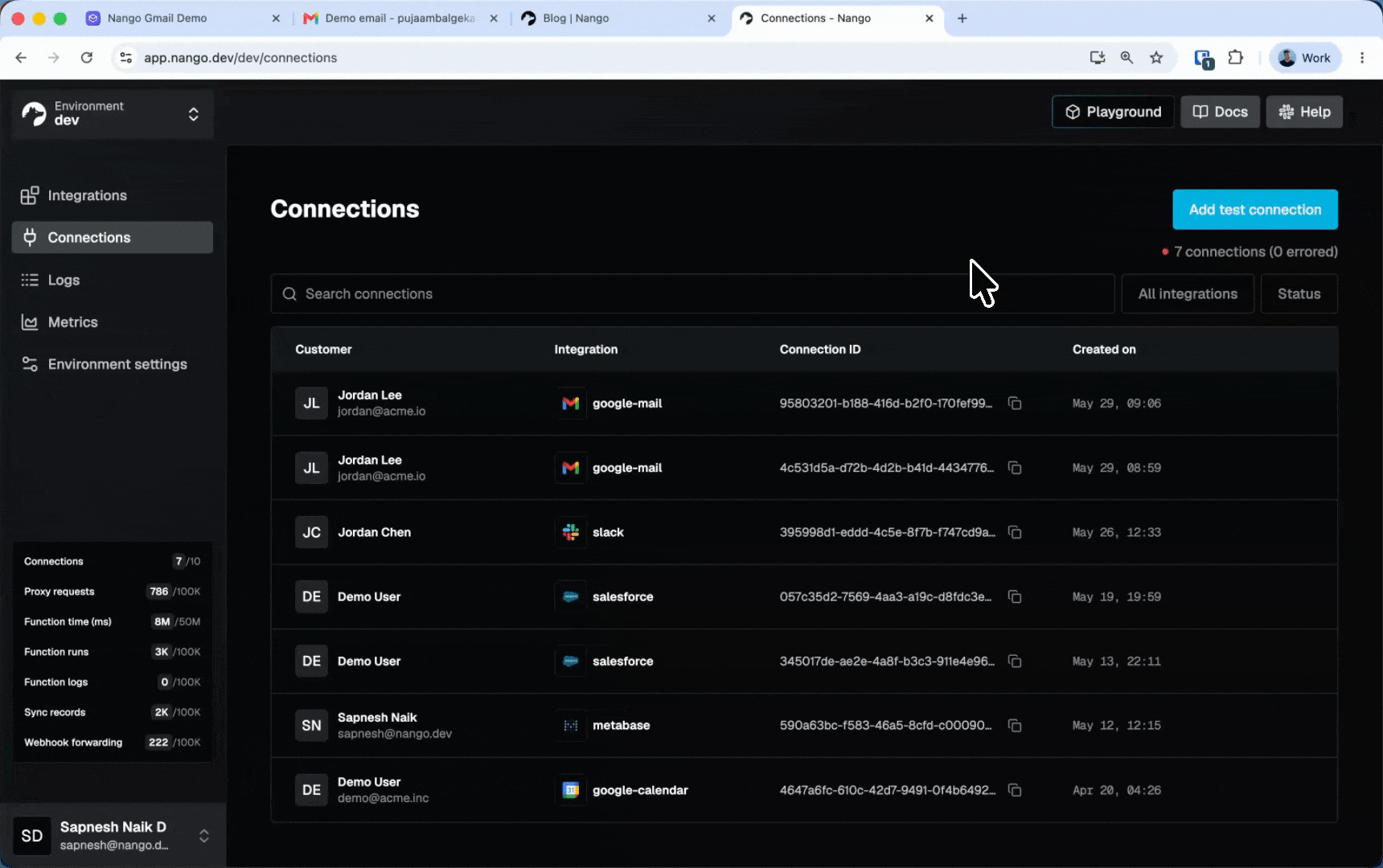 gmail add test connection nango