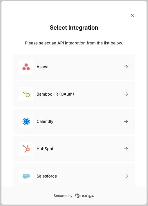 69ab8762e9e9c4e4503ee9af 699ca3de06ed485c3f3d98e4 Nango integration screen
