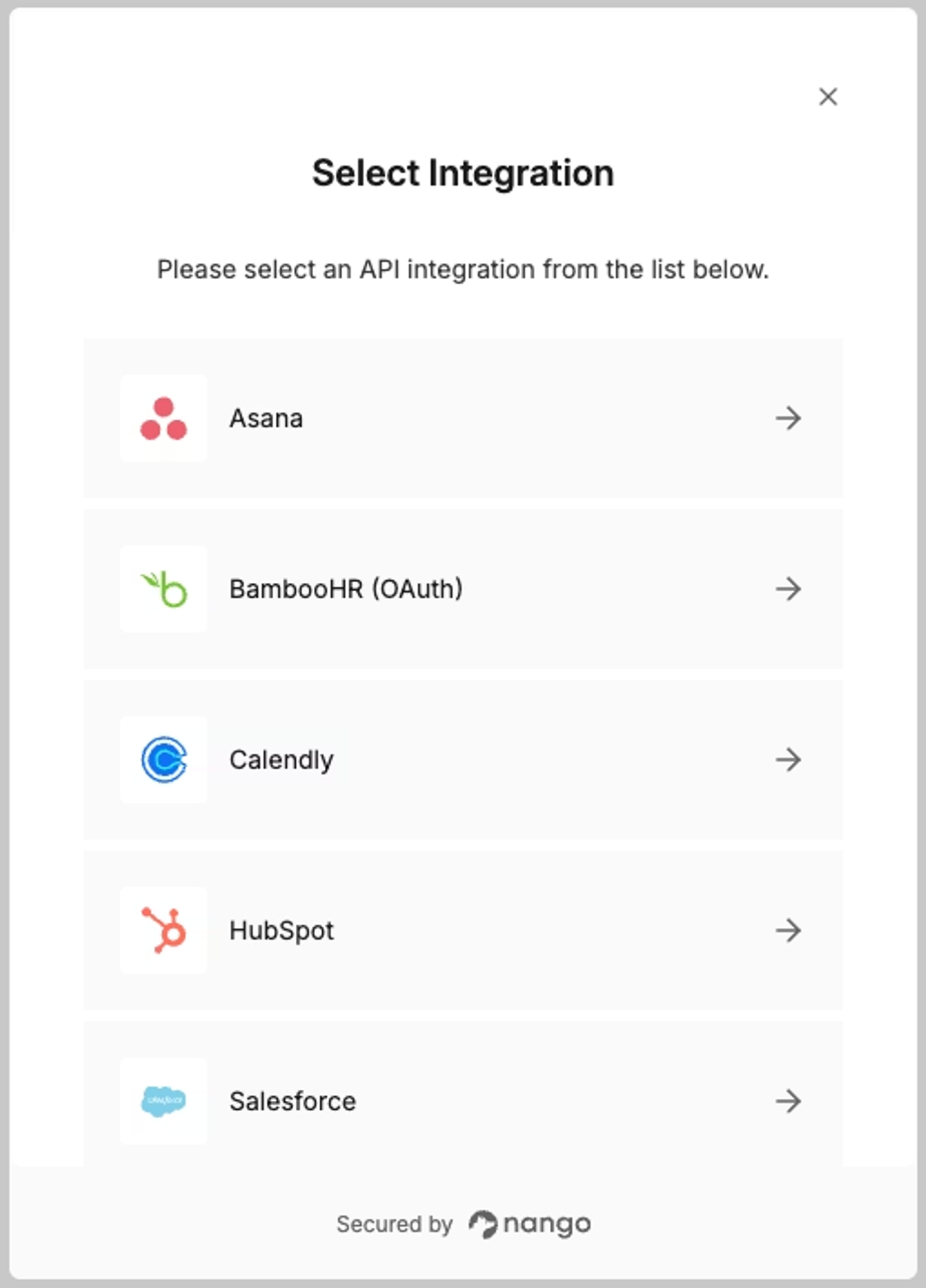 69ab8762e9e9c4e4503ee9af 699ca3de06ed485c3f3d98e4 Nango integration screen