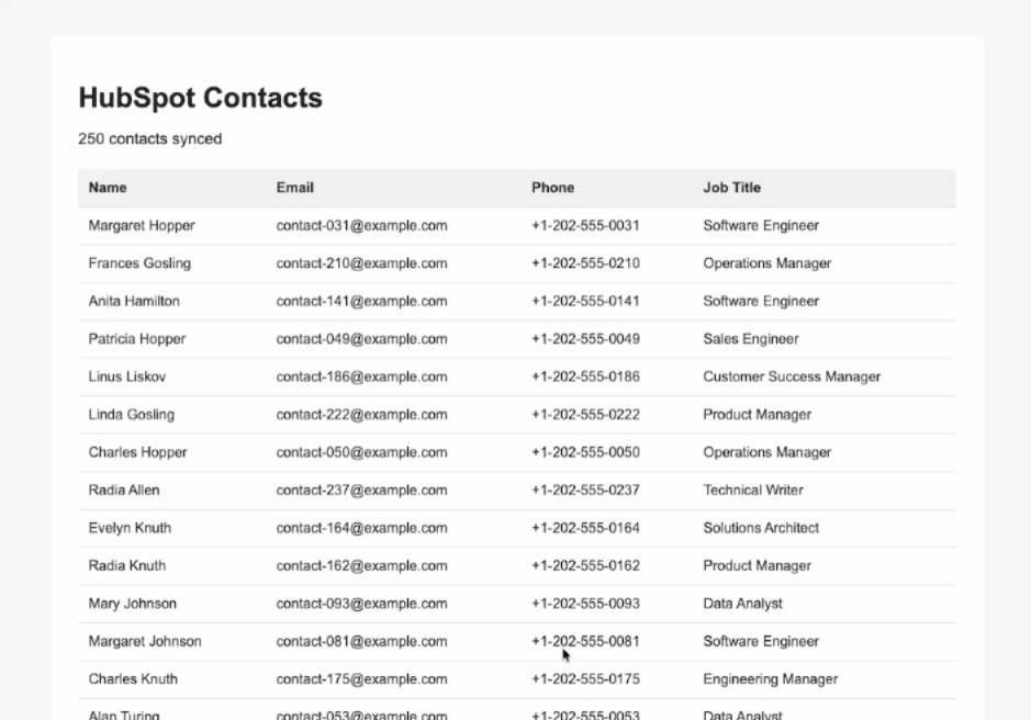 demo app listing the synced contacts