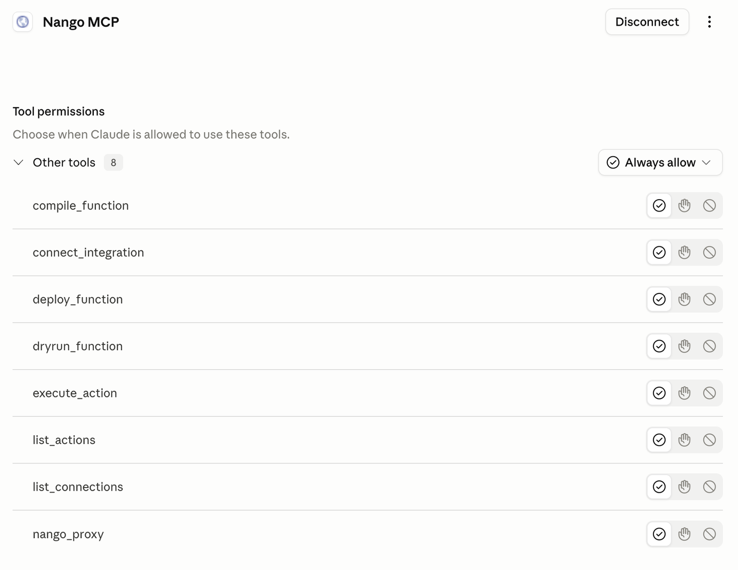 nango mcp server claude tool permissions