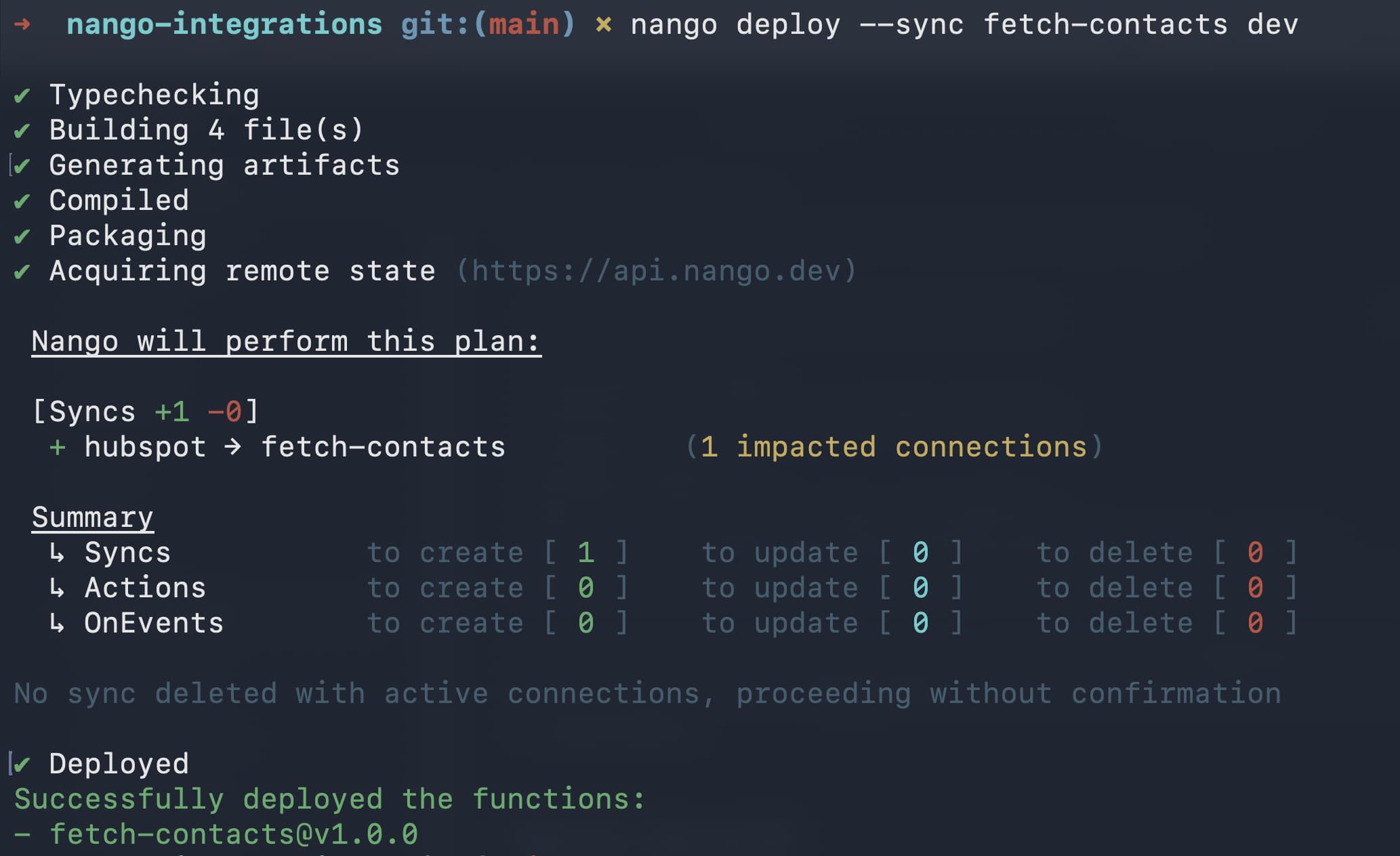 nango deploy fetch contacts terminal output