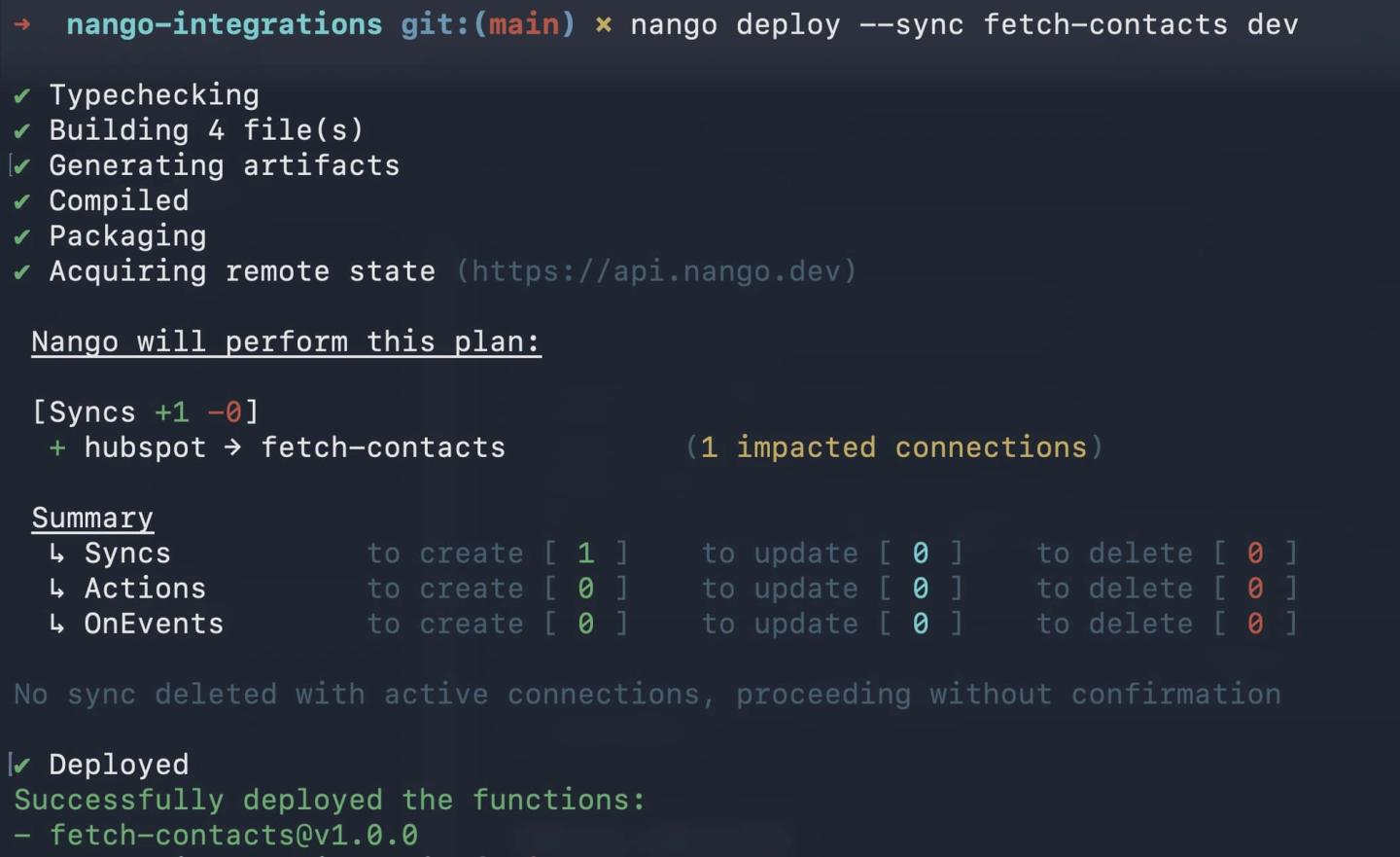 nango deploy fetch contacts terminal output