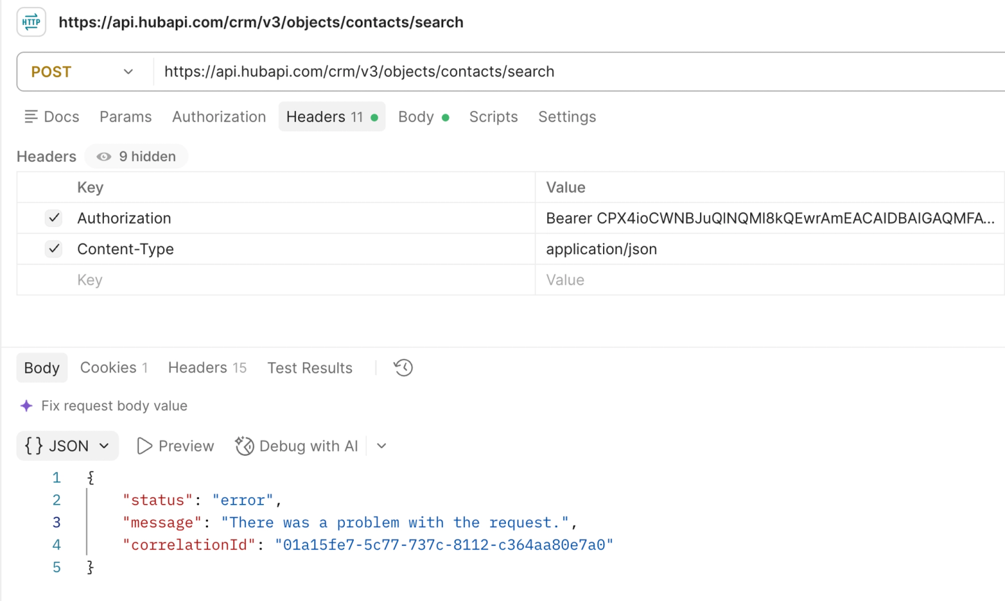 hubspot api 400 postman error response