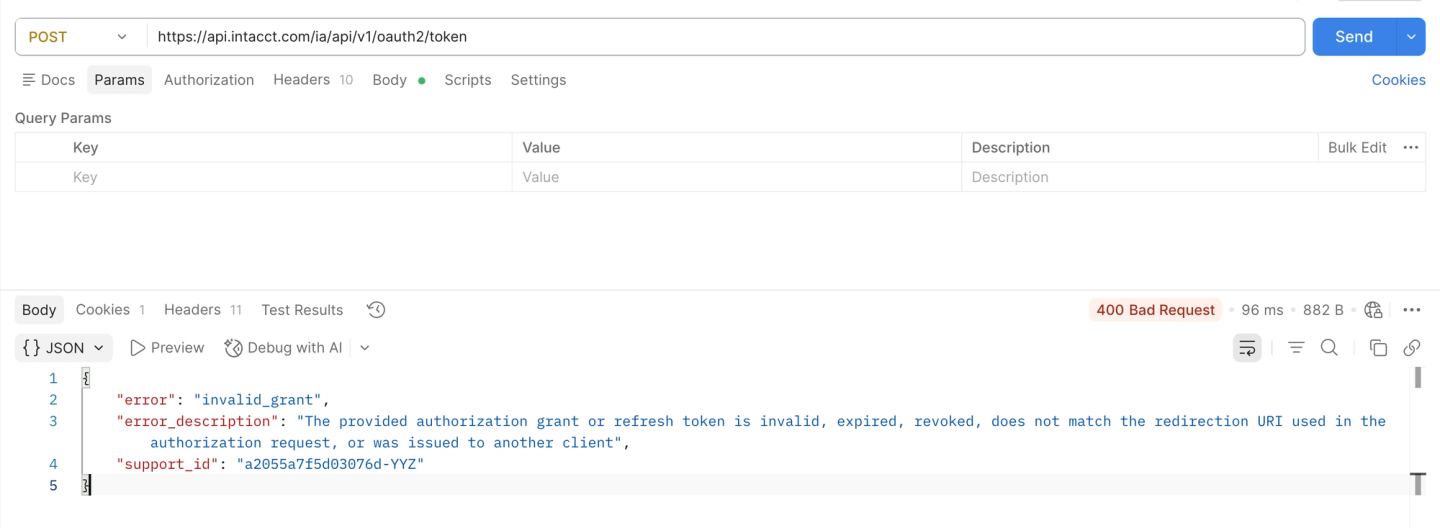 sage intacct oauth invalid grant refresh error postman