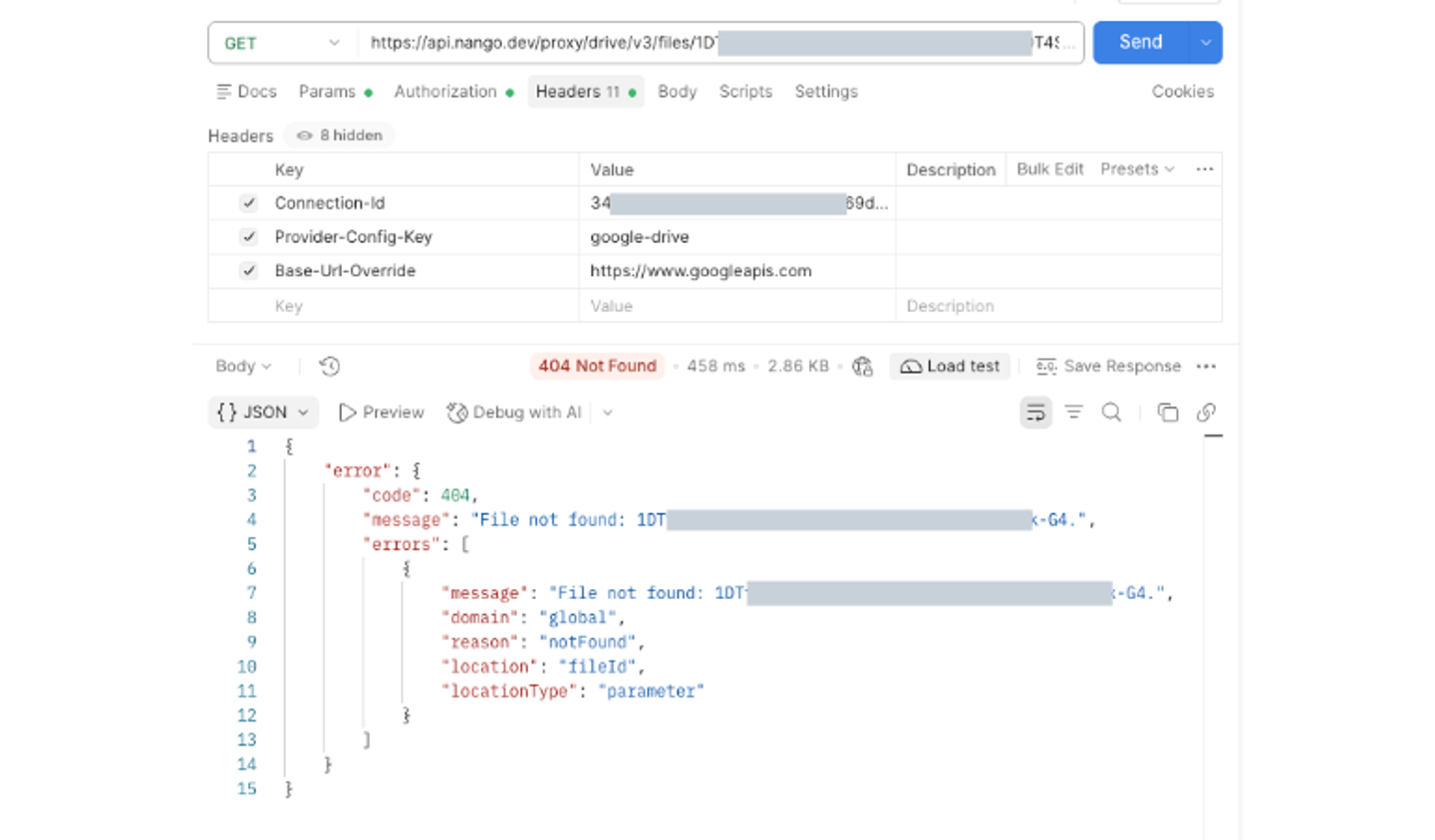nango google drive proxy 404 error