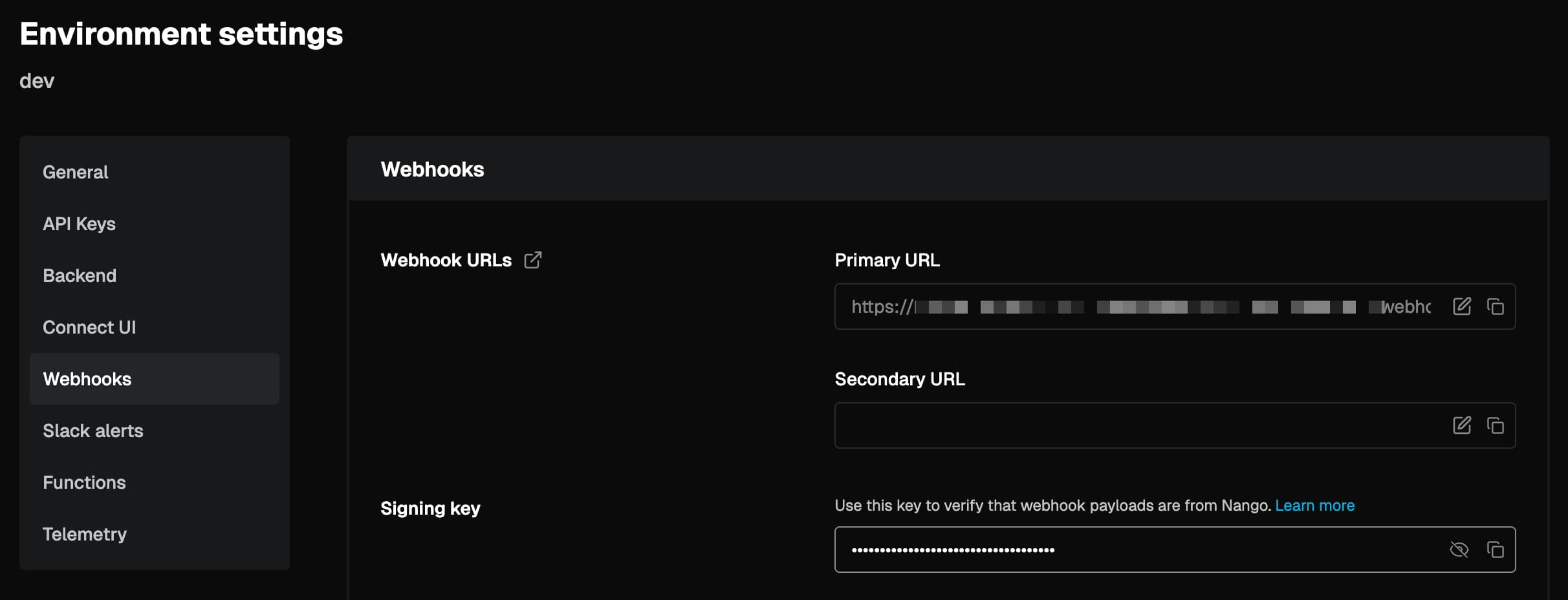 nango dashboard webhook url environment settings