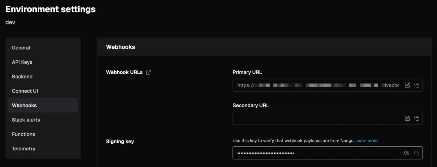 nango dashboard webhook url environment settings