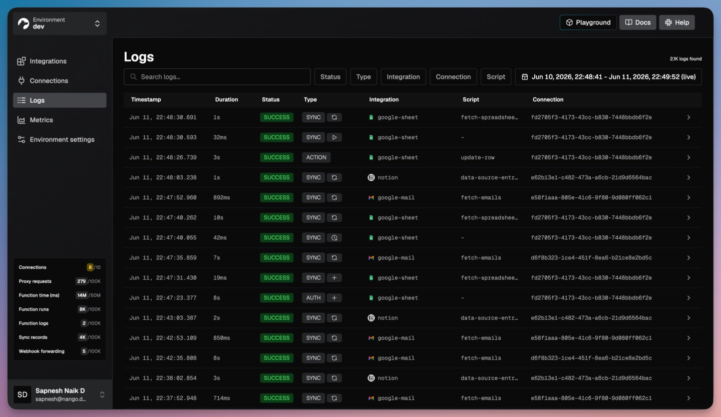 nango logs google sheet