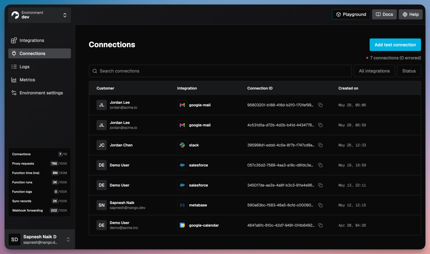 gmail new connections nango dashboard