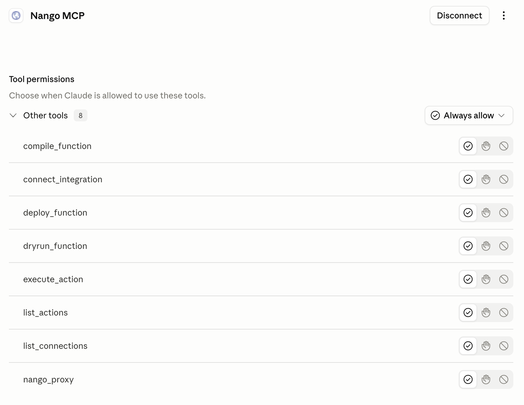 nango mcp server claude tool permissions