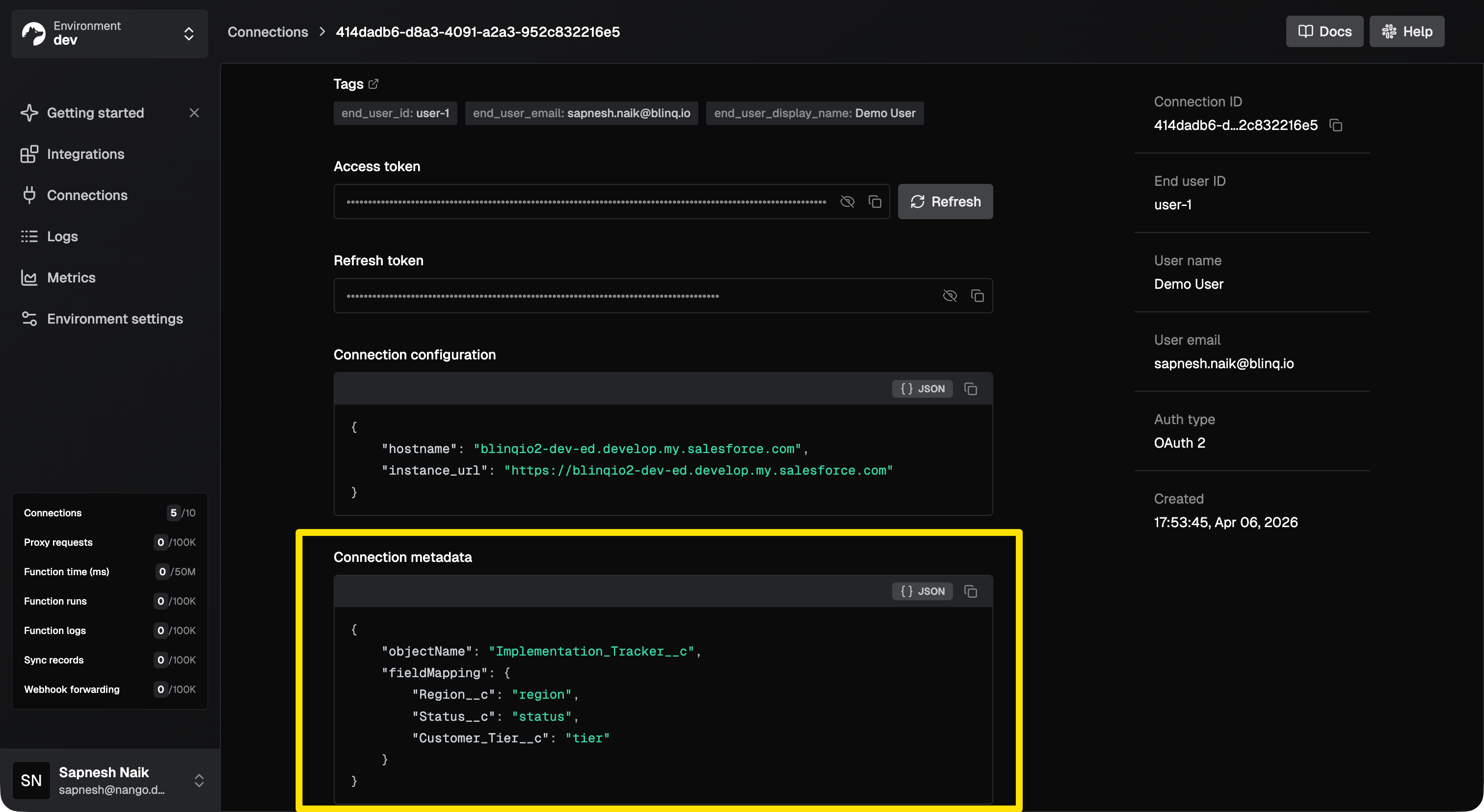 nango connection metadata