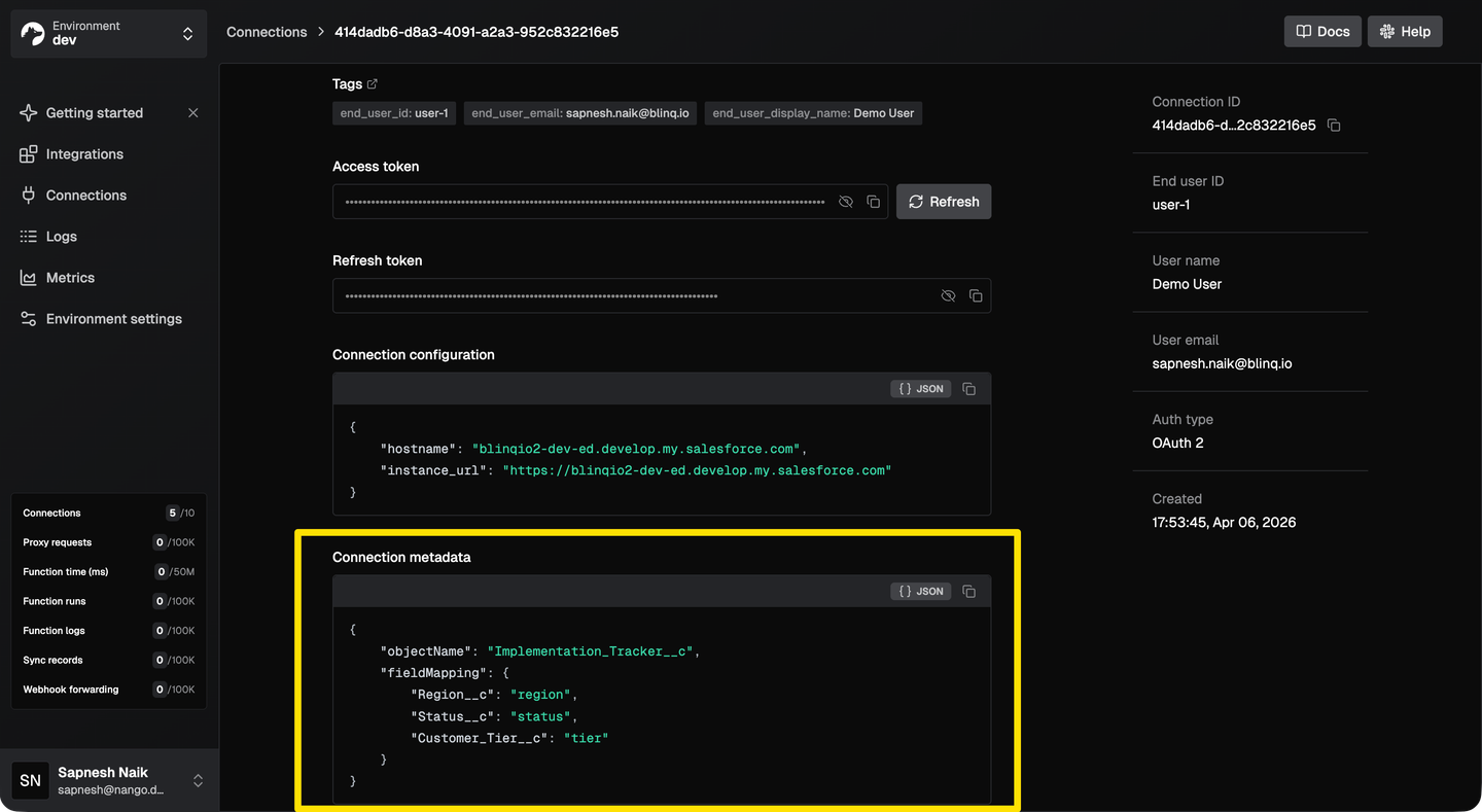 nango connection metadata