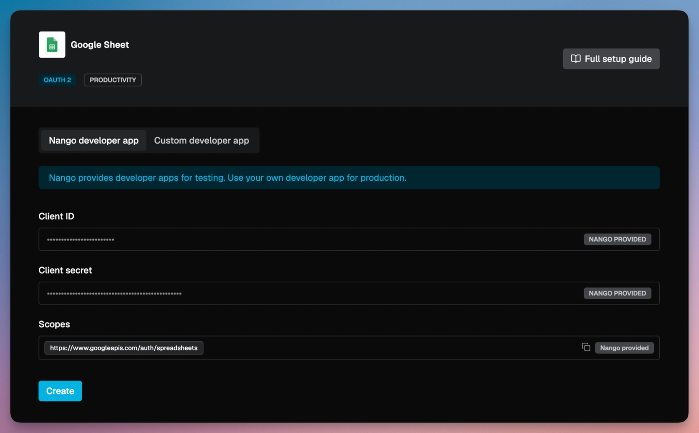 nango google sheet integration config