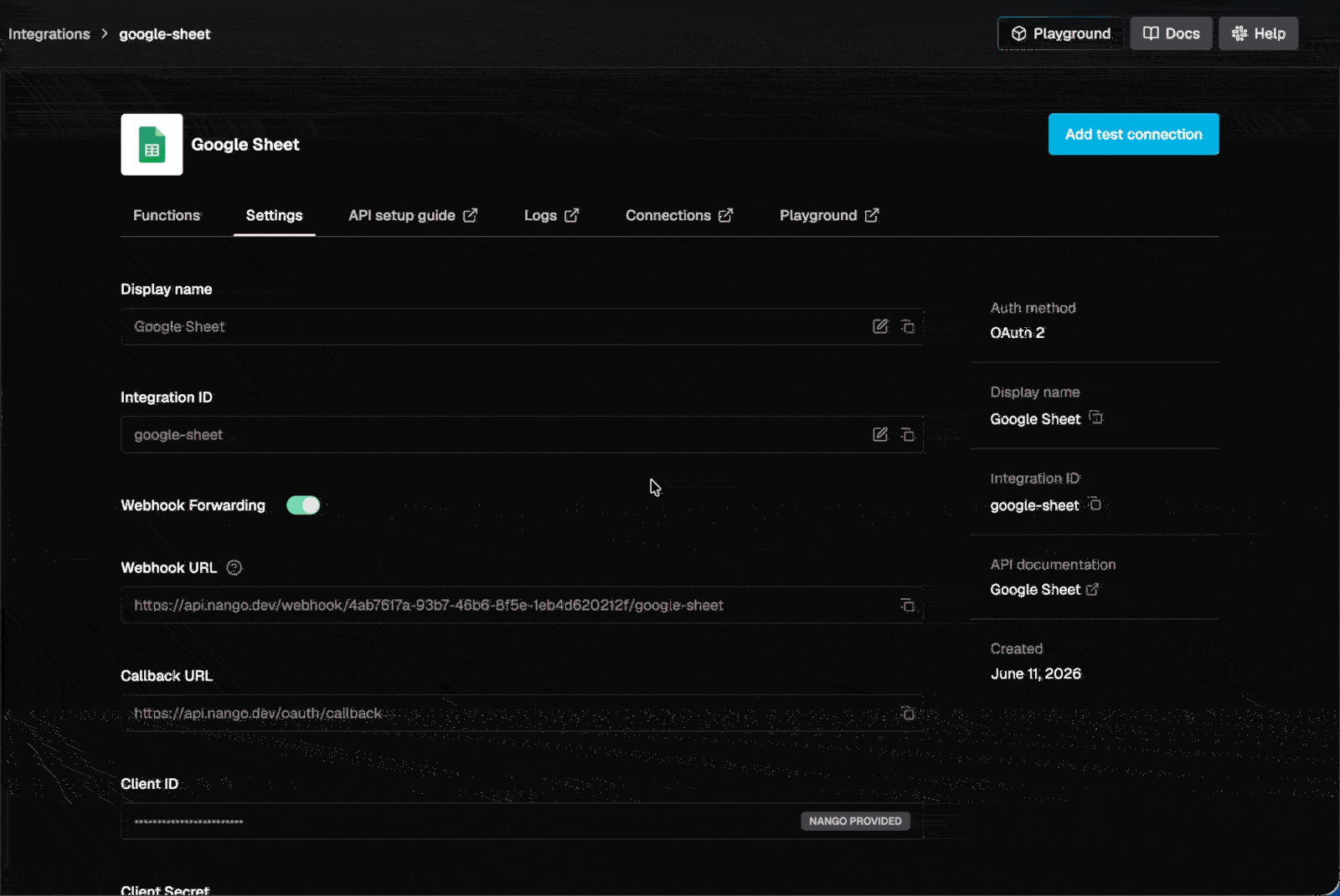 nango google sheet test connection