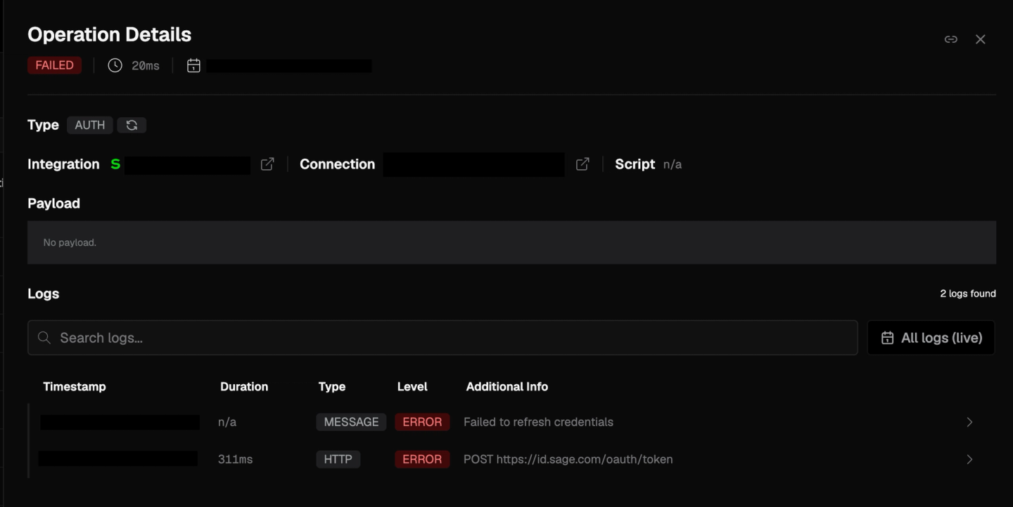 sage intacct failed token refresh nango logs