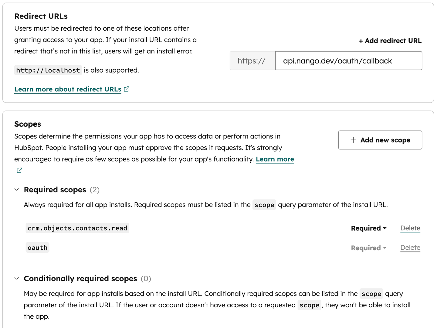nango dashboard hubspot integration config