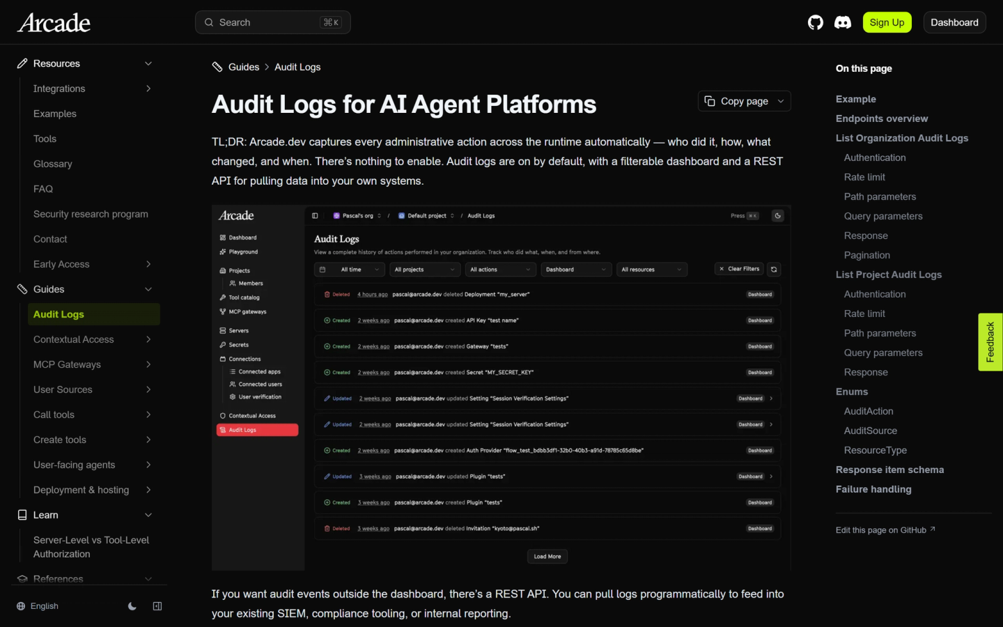 arcade audit logs administrative only