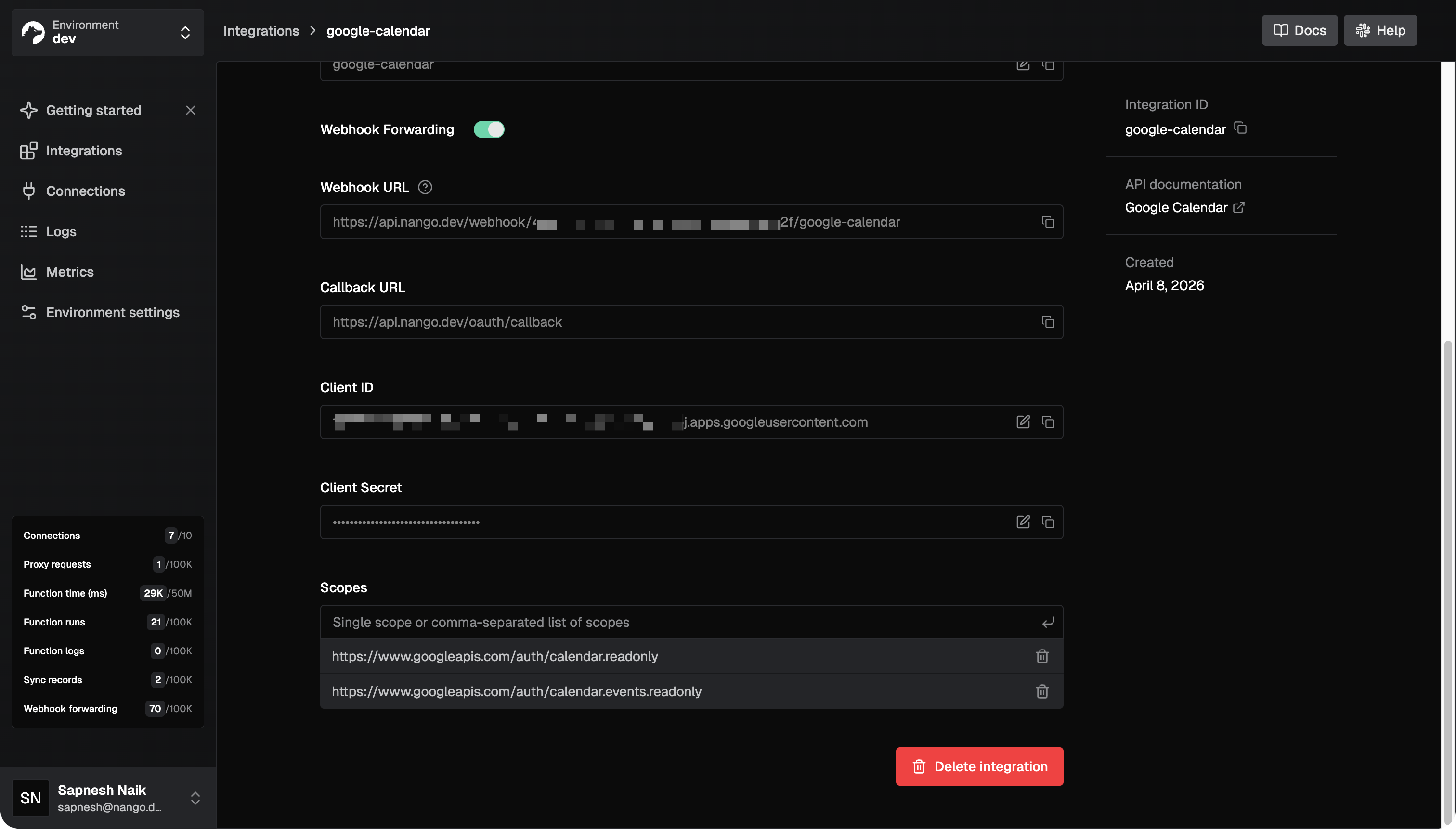 nango google calendar integration settings sopes