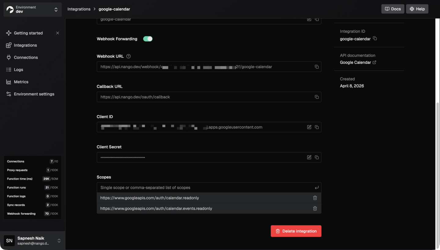 nango google calendar integration settings sopes