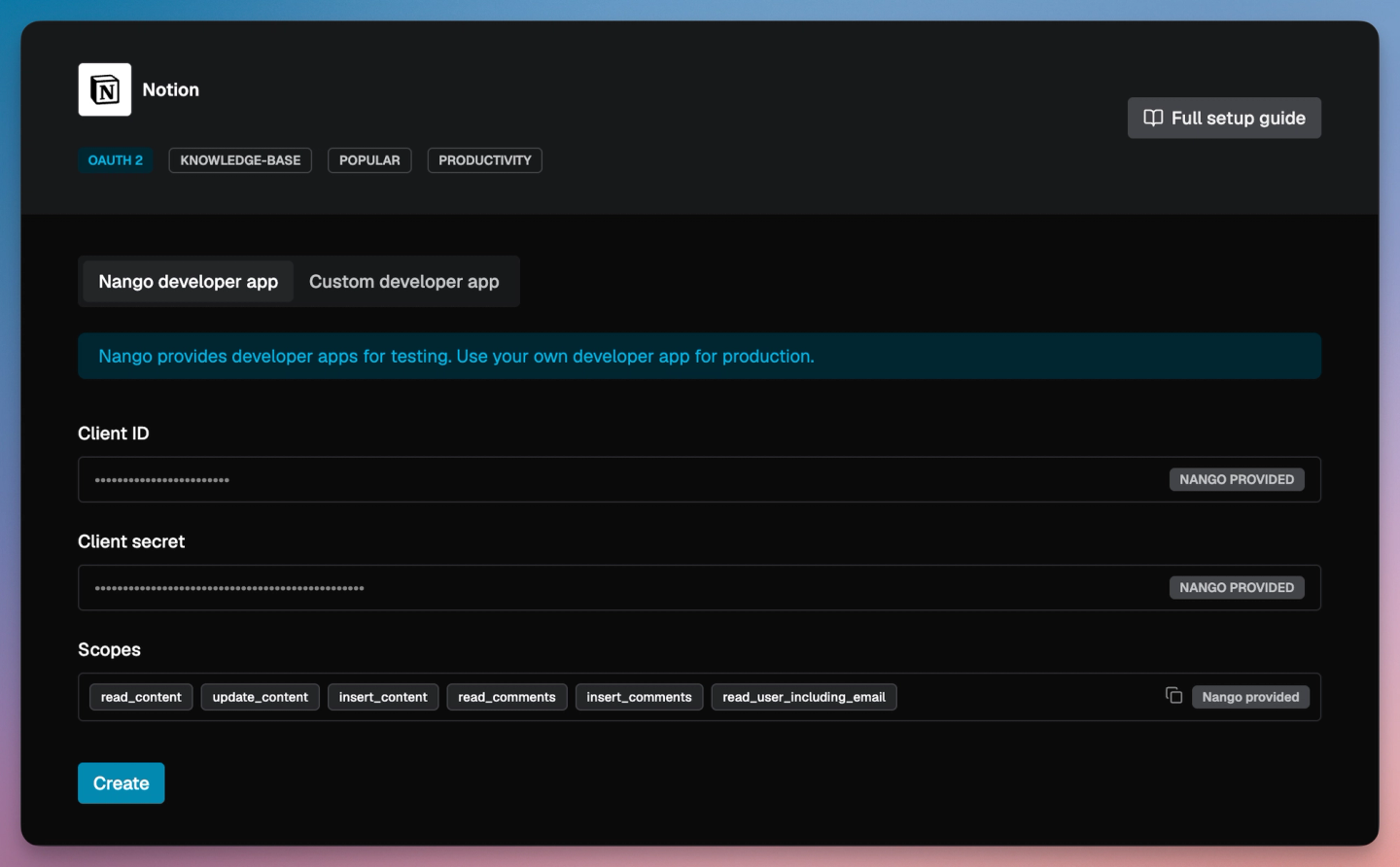 nango notion integration config