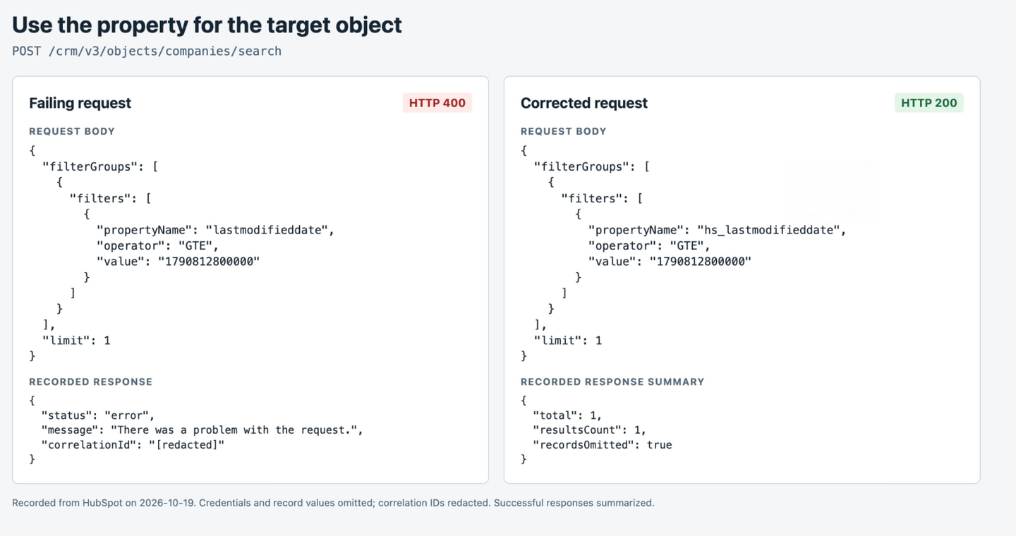 hubspot api 400 company property comparison