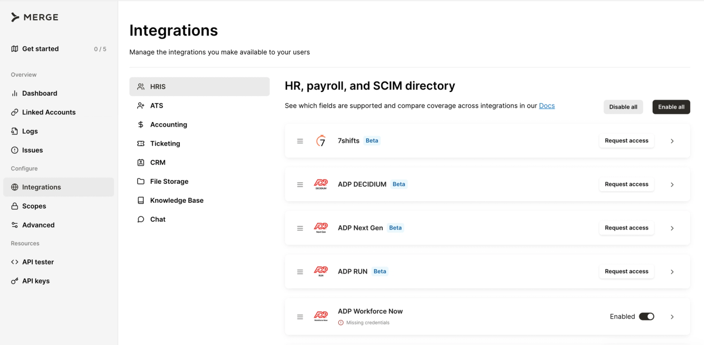 merge hris integrations beta request access