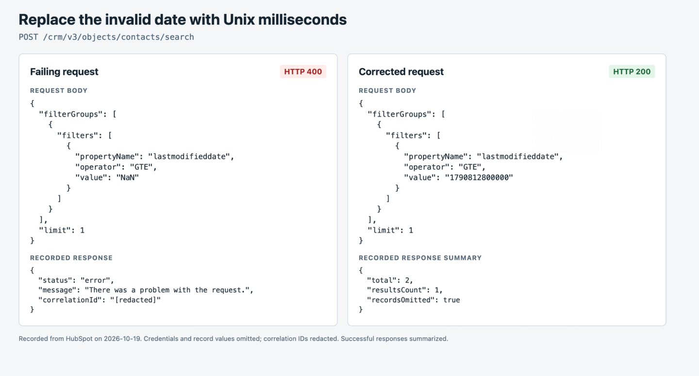hubspot api 400 invalid date comparison