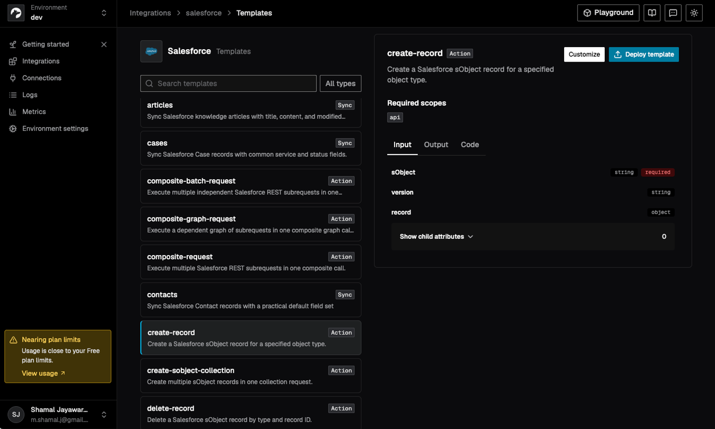 salesforce action templates in nango