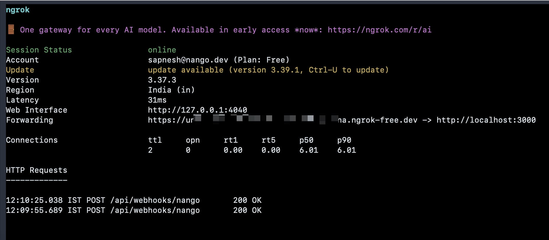 nango environment settings ngrok webhook url