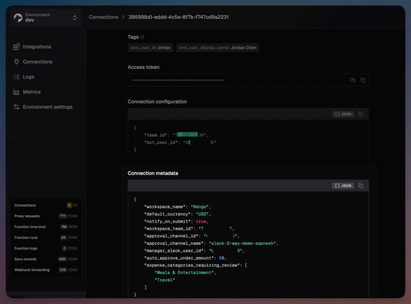 nango connection metadata dashboard