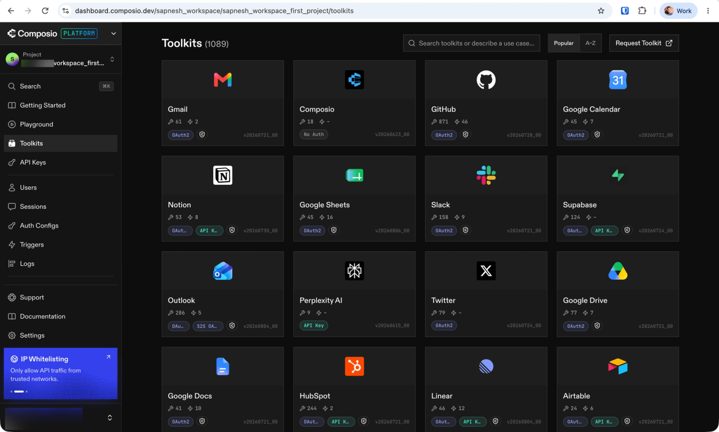 composio toolkit catalog auth methods
