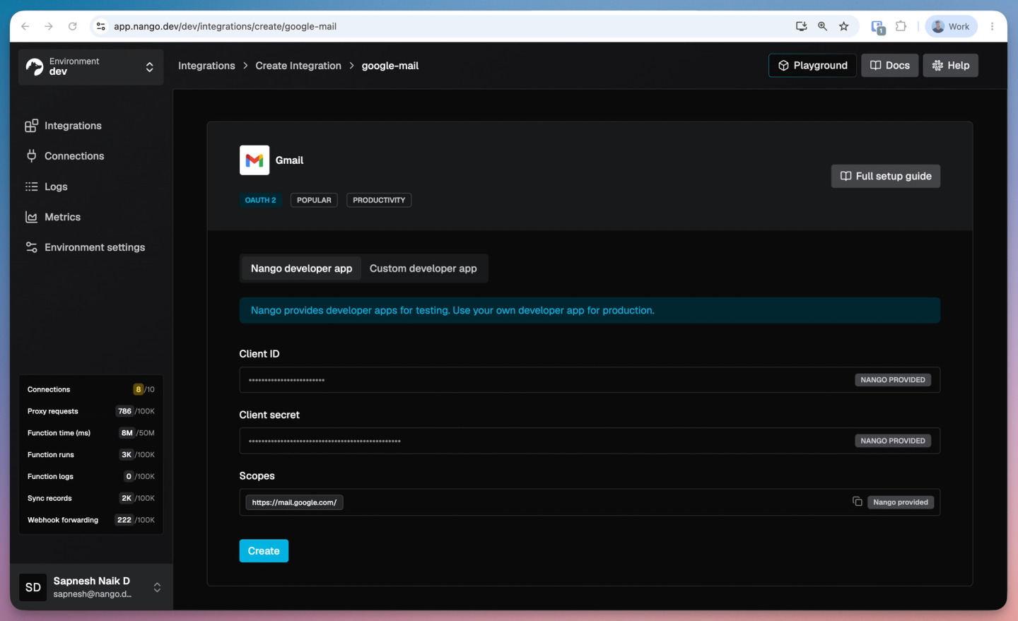 gmail nango integration scopes