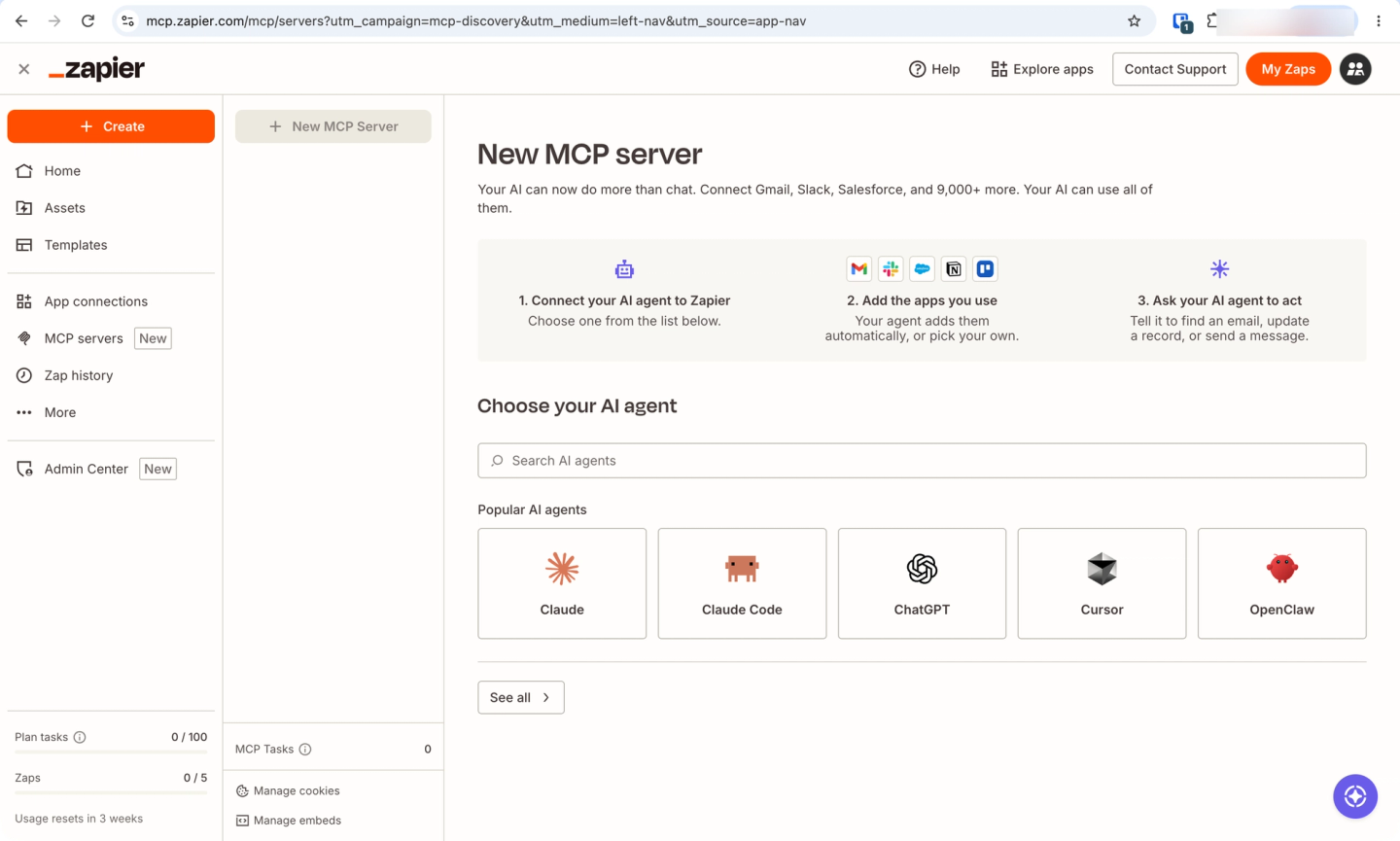 zapier mcp server agent selection