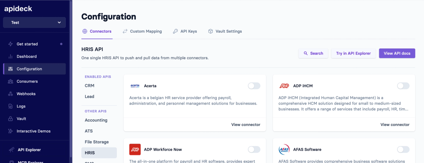 apideck hris connectors dashboard