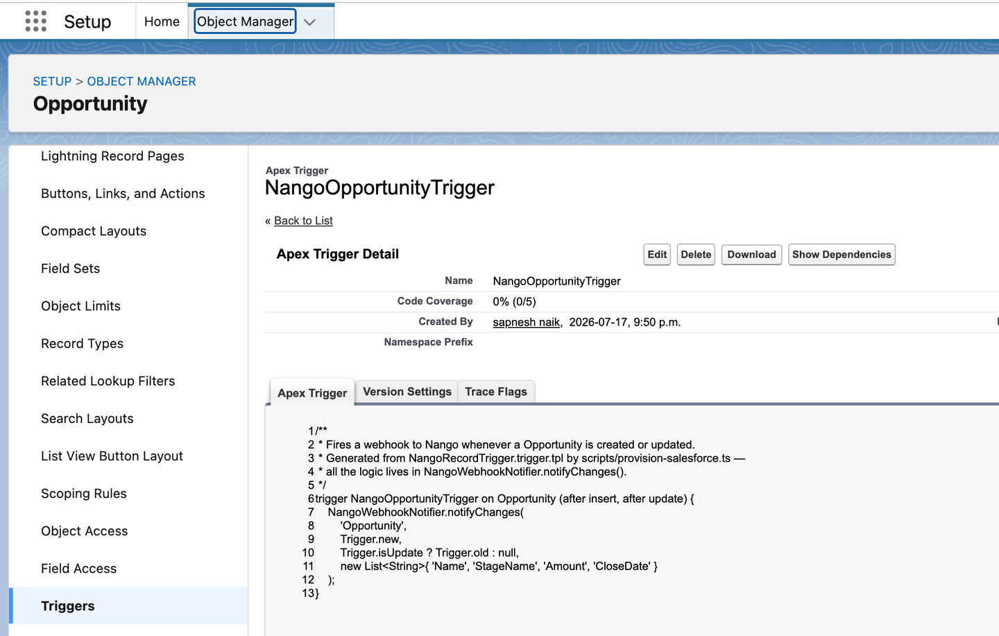 salesforce nango opportunity trigger deployed