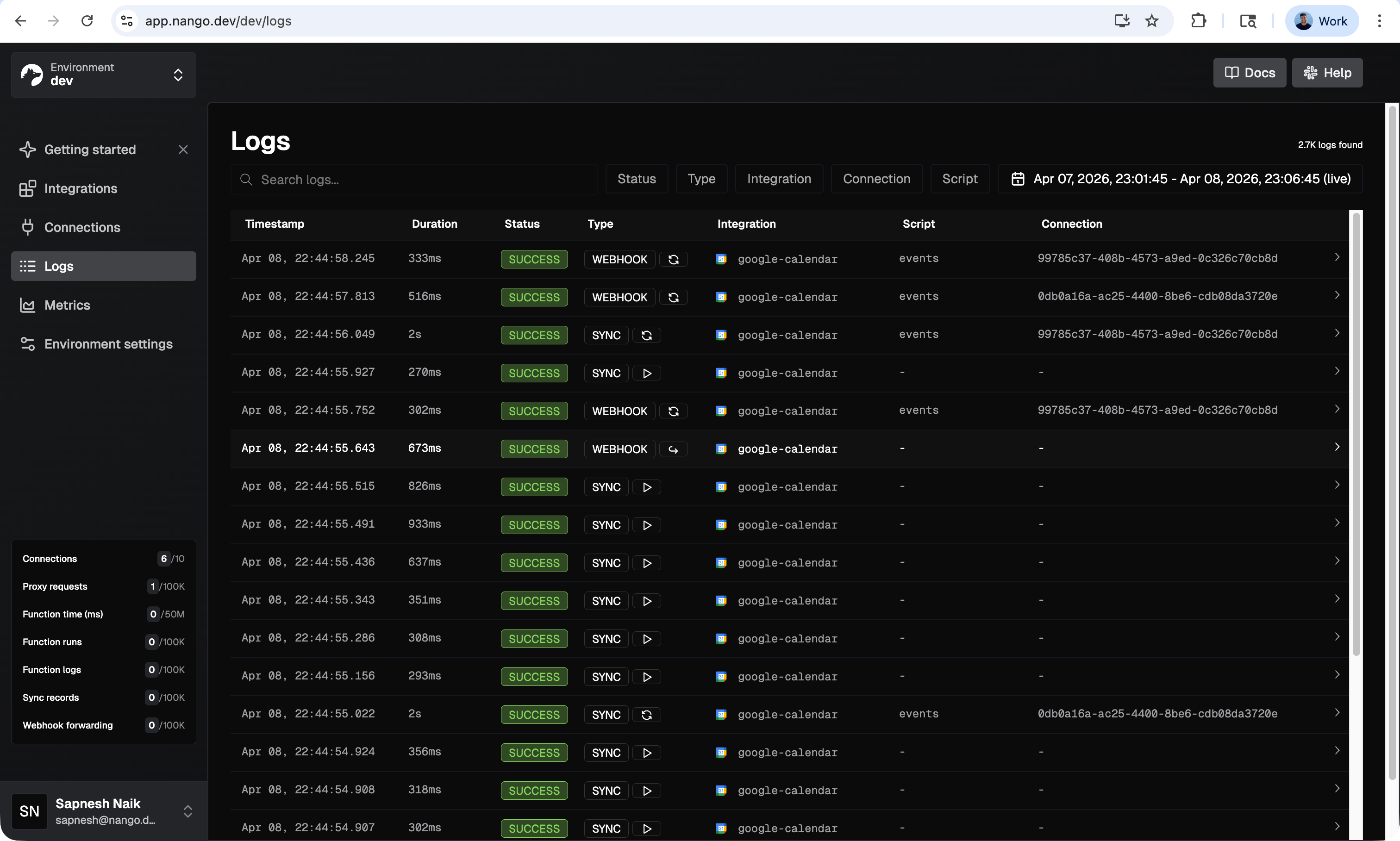 nango sync logs