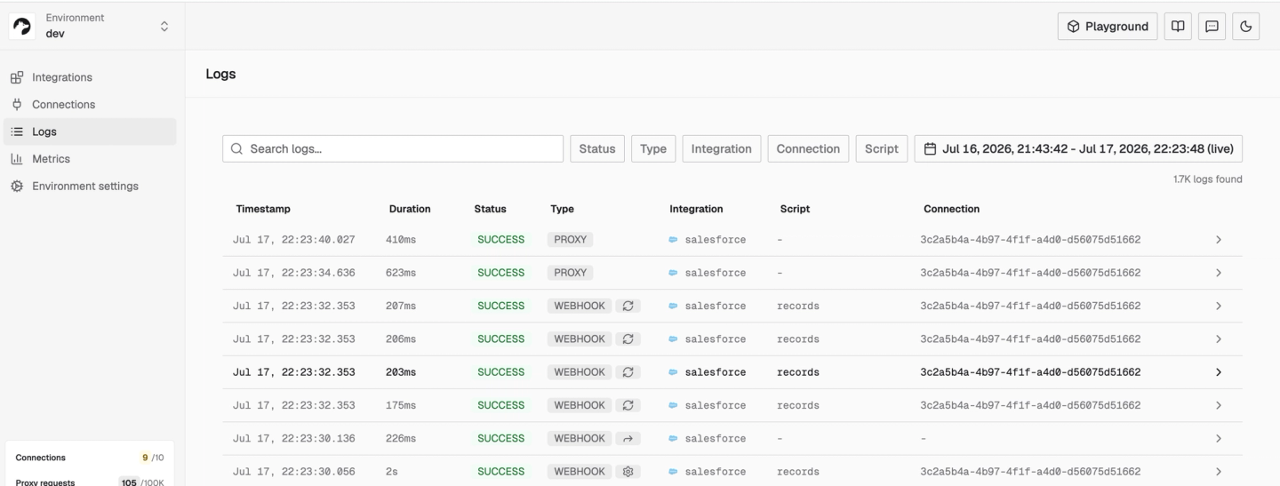 nango logs webhook and sync
