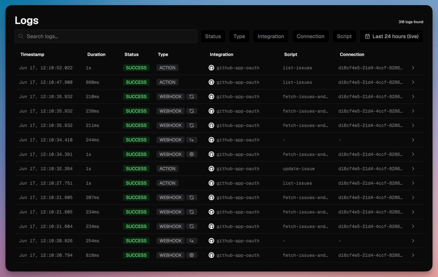 nango dashboard action sync logs